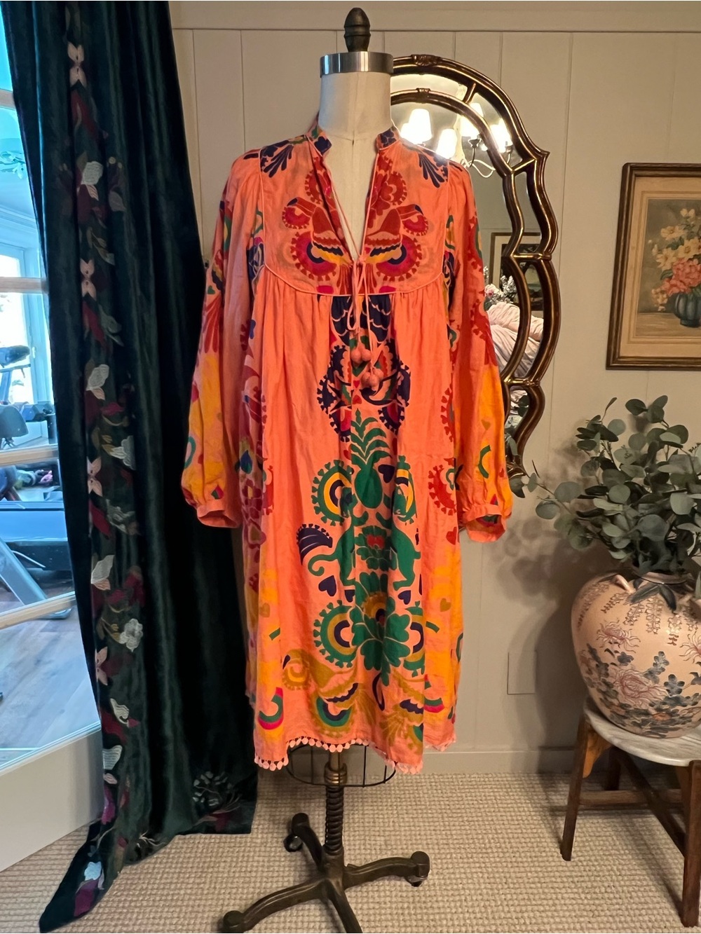 Bright Coral Embroidered Boho Midi Dress 100% cotton